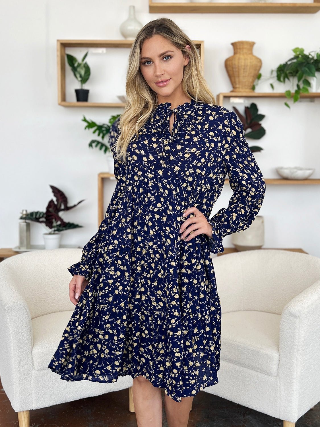 Double Take Full Size Printed Ruffle Hem Long Sleeve Dress - Jaazi Intl