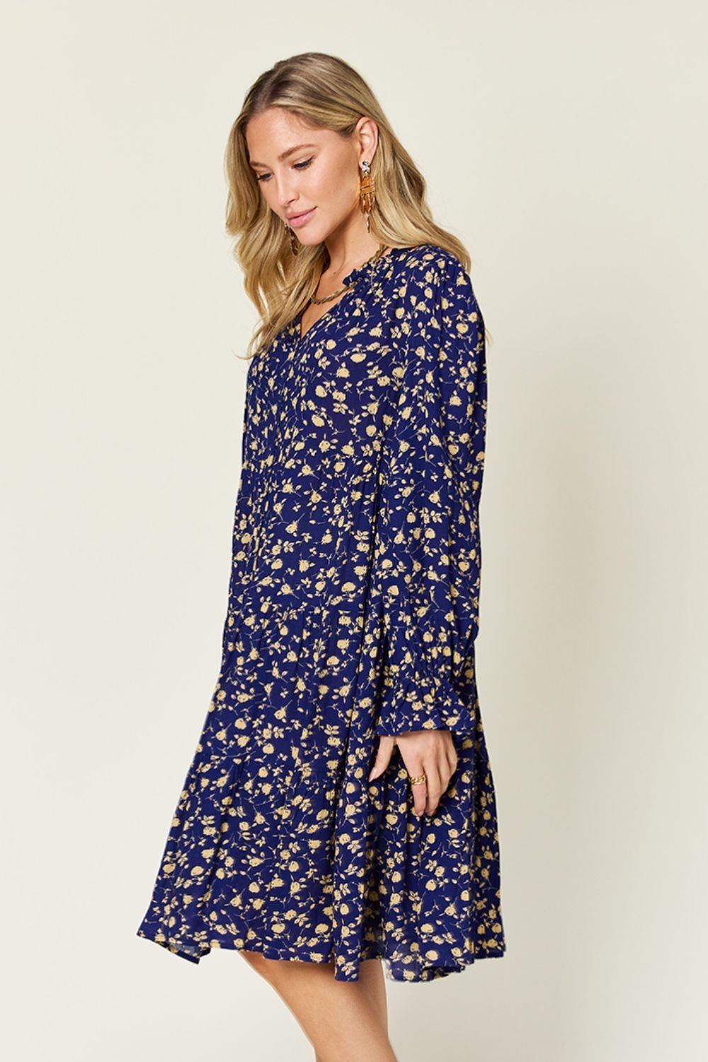 Double Take Full Size Printed Ruffle Hem Long Sleeve Dress - Jaazi Intl