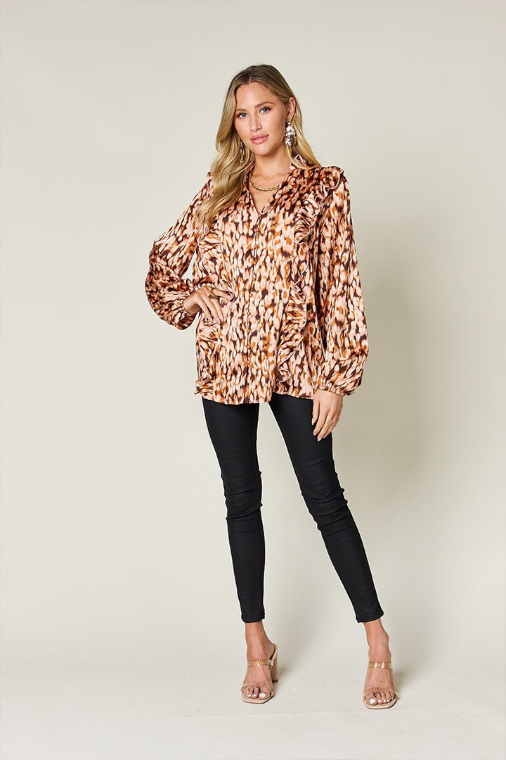 Double Take Full Size Printed Ruffle Trim Balloon Sleeve Shirt - Jaazi Intl