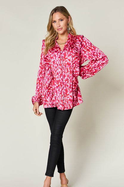 Double Take Full Size Printed Ruffle Trim Balloon Sleeve Shirt - Jaazi Intl