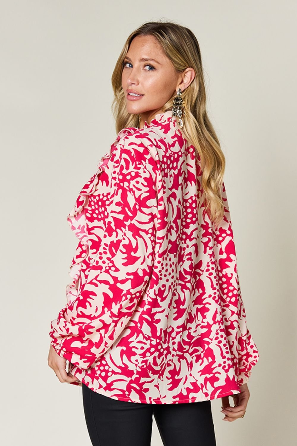 Double Take Full Size Printed Ruffle Trim Balloon Sleeve Shirt - Jaazi Intl