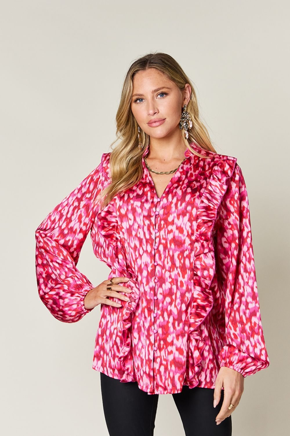 Double Take Full Size Printed Ruffle Trim Balloon Sleeve Shirt - Jaazi Intl