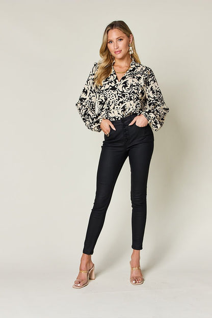 Double Take Full Size Printed Ruffle Trim Balloon Sleeve Shirt - Jaazi Intl