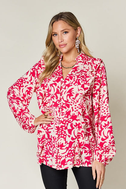 Double Take Full Size Printed Ruffle Trim Balloon Sleeve Shirt - Jaazi Intl