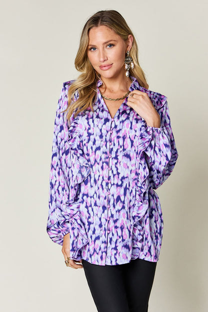 Double Take Full Size Printed Ruffle Trim Balloon Sleeve Shirt - Jaazi Intl