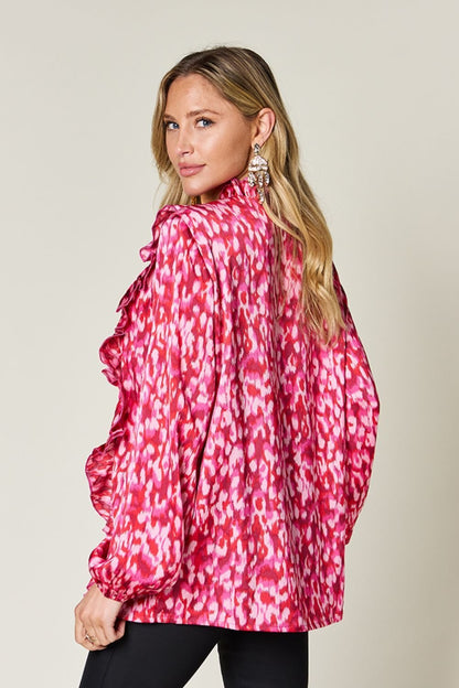 Double Take Full Size Printed Ruffle Trim Balloon Sleeve Shirt - Jaazi Intl