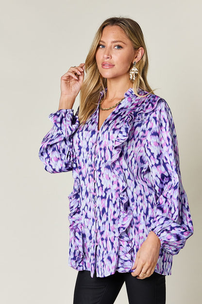 Double Take Full Size Printed Ruffle Trim Balloon Sleeve Shirt - Jaazi Intl