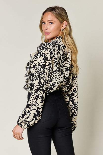 Double Take Full Size Printed Ruffle Trim Balloon Sleeve Shirt - Jaazi Intl