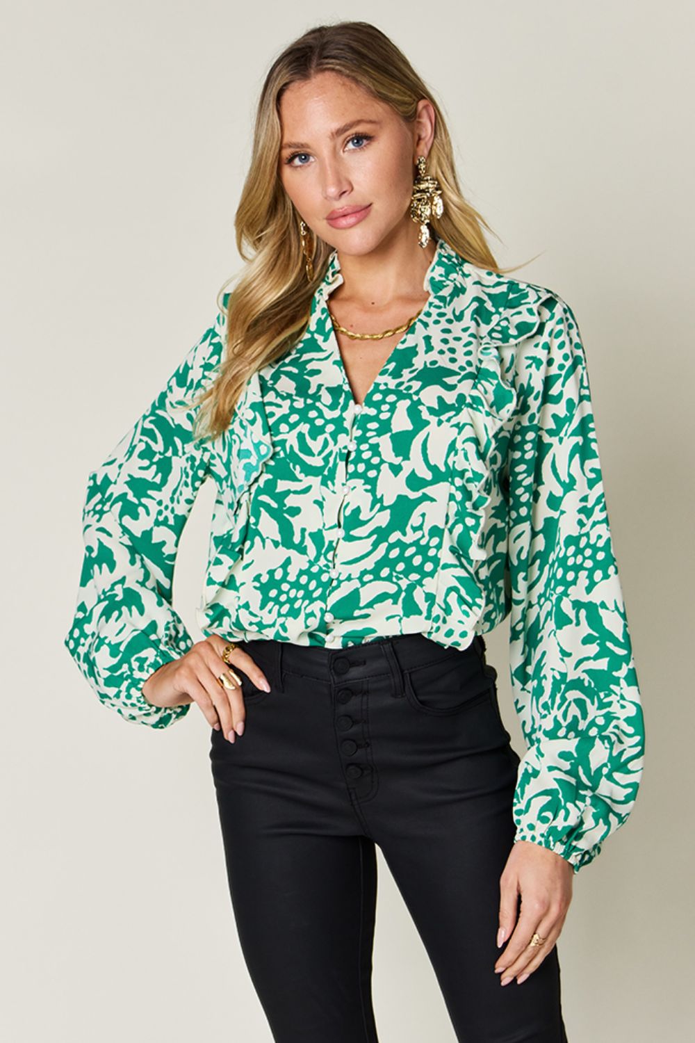 Double Take Full Size Printed Ruffle Trim Balloon Sleeve Shirt - Jaazi Intl