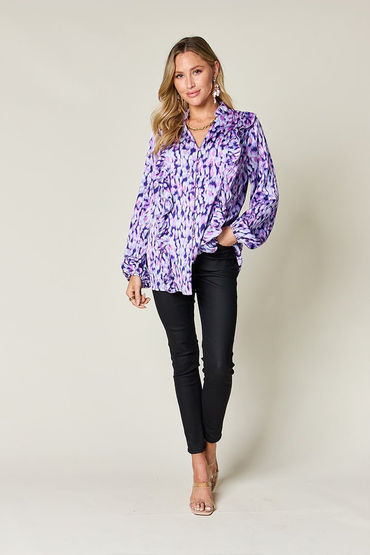 Double Take Full Size Printed Ruffle Trim Balloon Sleeve Shirt - Jaazi Intl