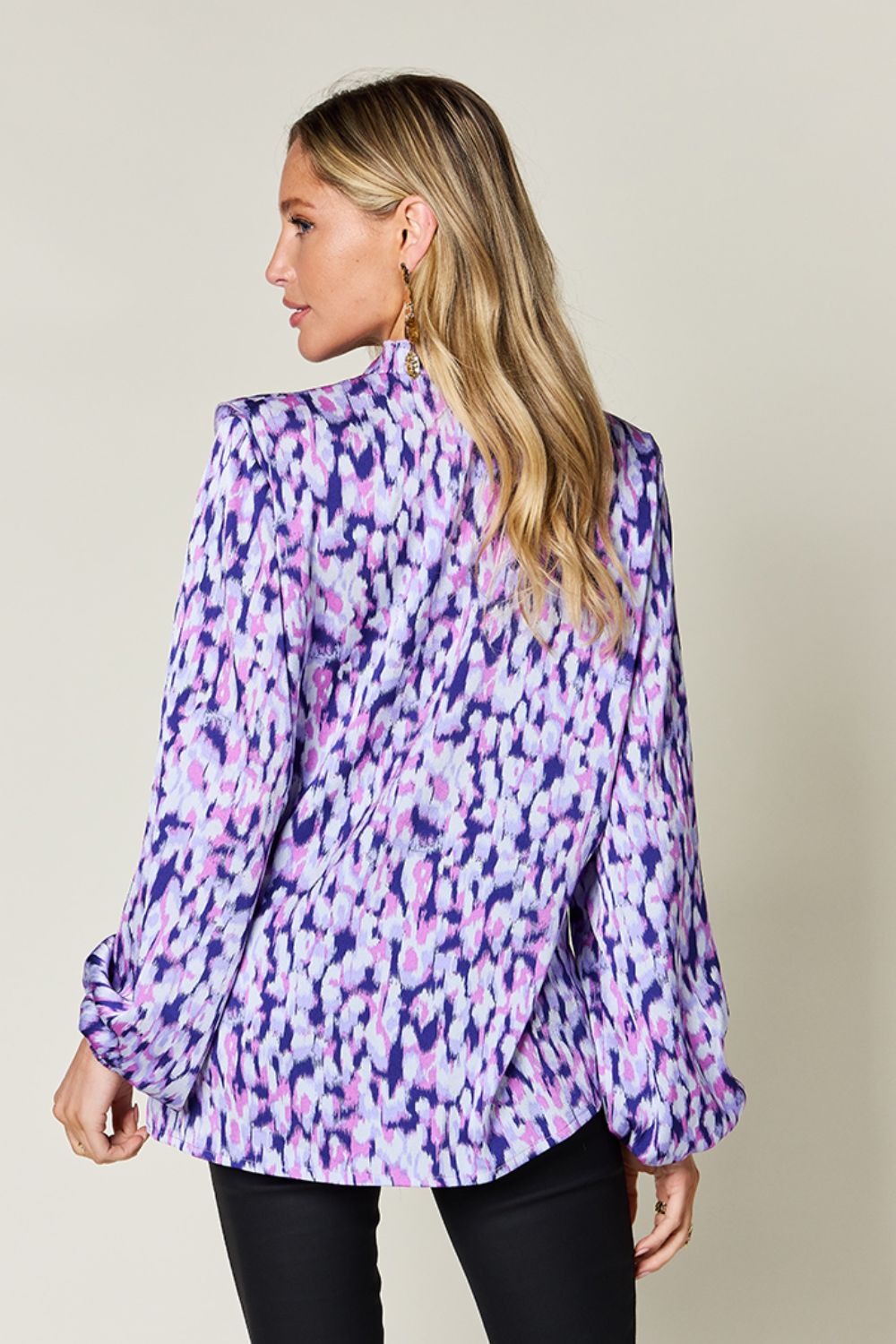 Double Take Full Size Printed Ruffle Trim Balloon Sleeve Shirt - Jaazi Intl