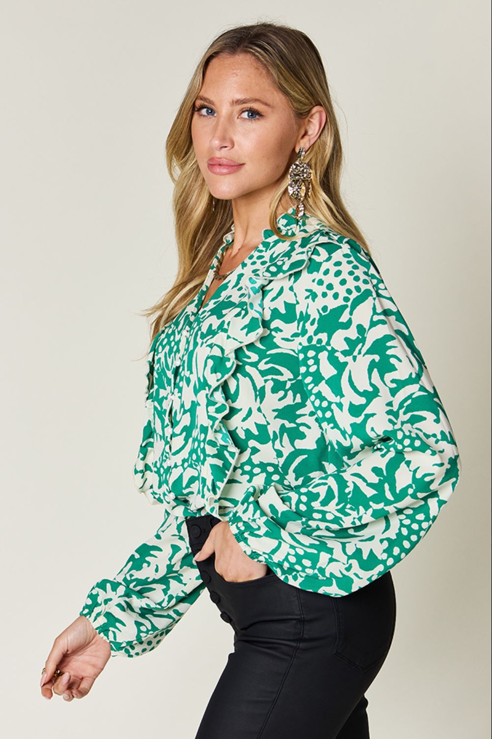 Double Take Full Size Printed Ruffle Trim Balloon Sleeve Shirt - Jaazi Intl