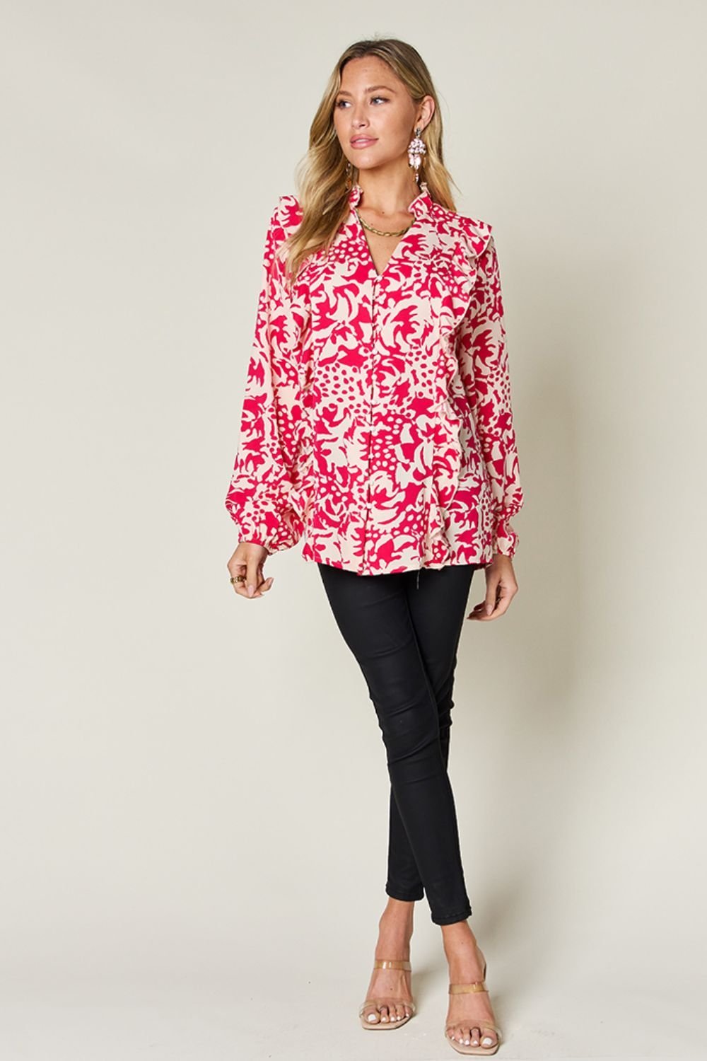 Double Take Full Size Printed Ruffle Trim Balloon Sleeve Shirt - Jaazi Intl