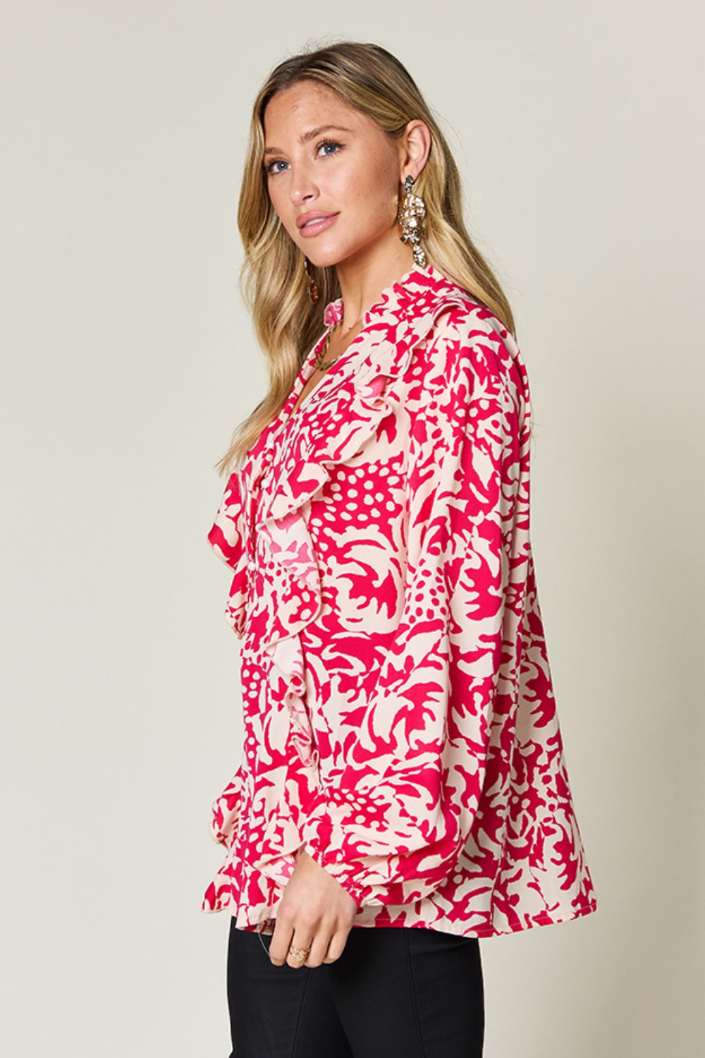 Double Take Full Size Printed Ruffle Trim Balloon Sleeve Shirt - Jaazi Intl