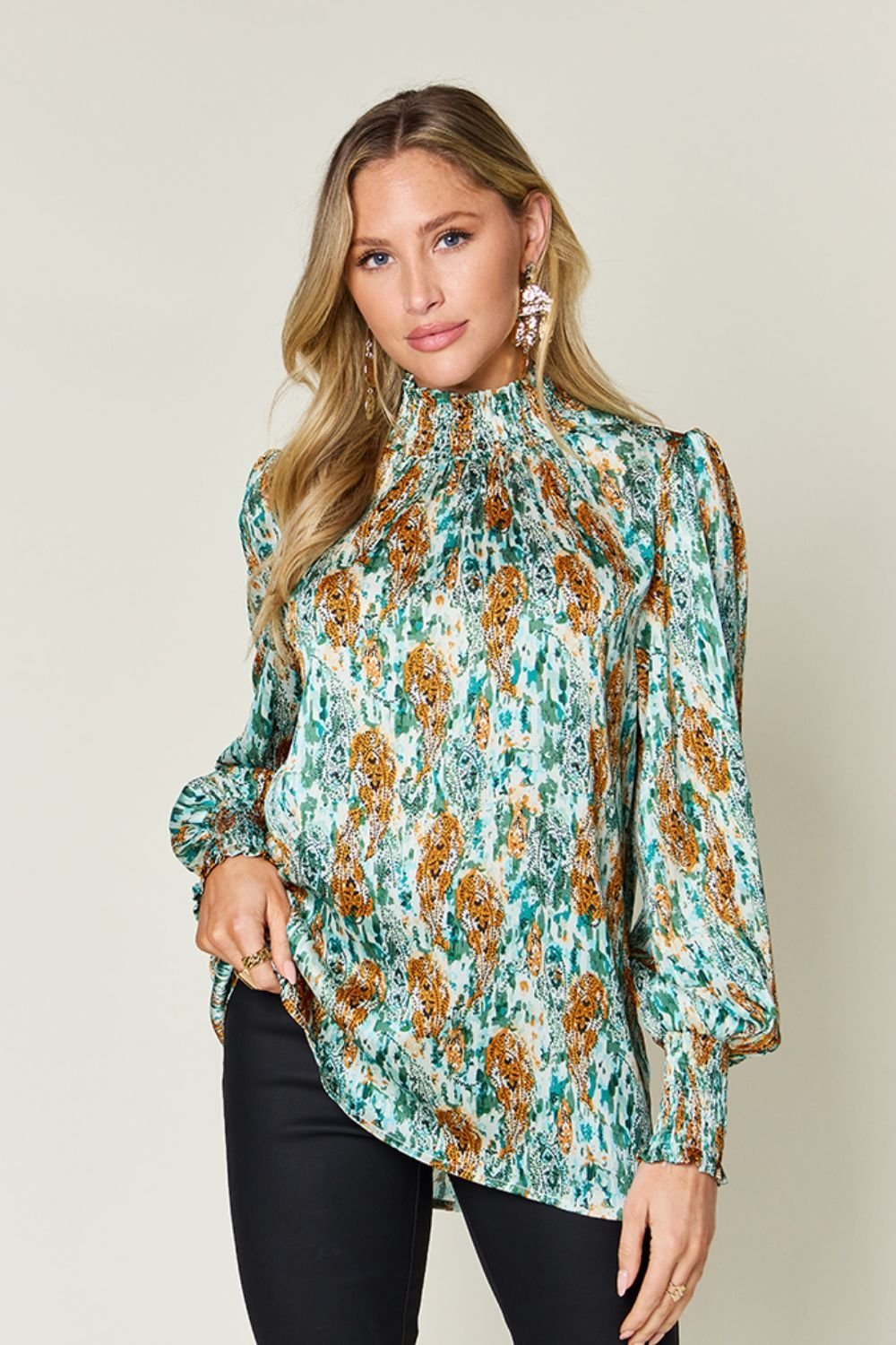 Double Take Full Size Printed Smocked Long Sleeve Blouse - Jaazi Intl