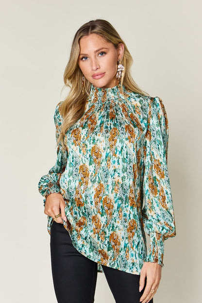 Double Take Full Size Printed Smocked Long Sleeve Blouse - Jaazi Intl