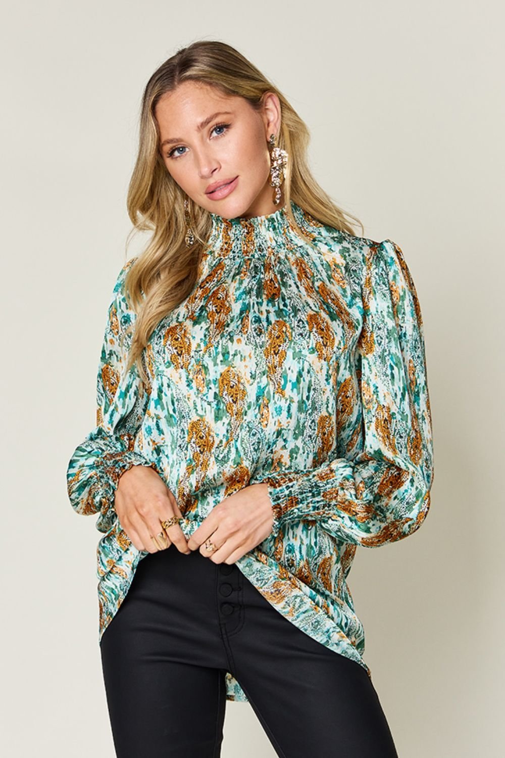 Double Take Full Size Printed Smocked Long Sleeve Blouse - Jaazi Intl