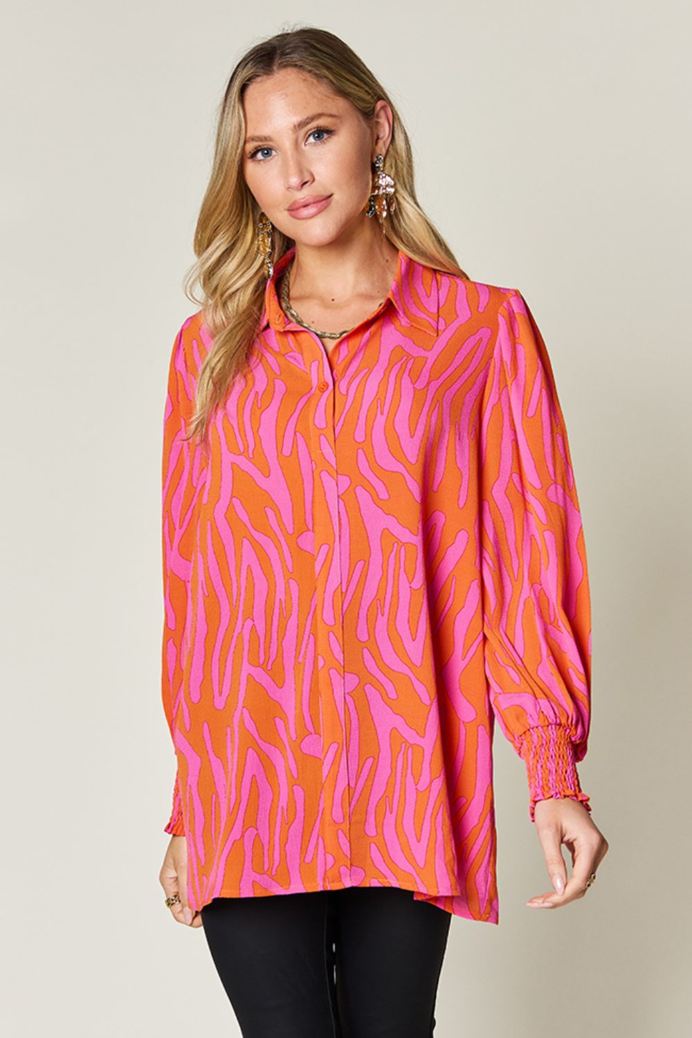 Double Take Full Size Printed Smocked Long Sleeve Blouse - Jaazi Intl