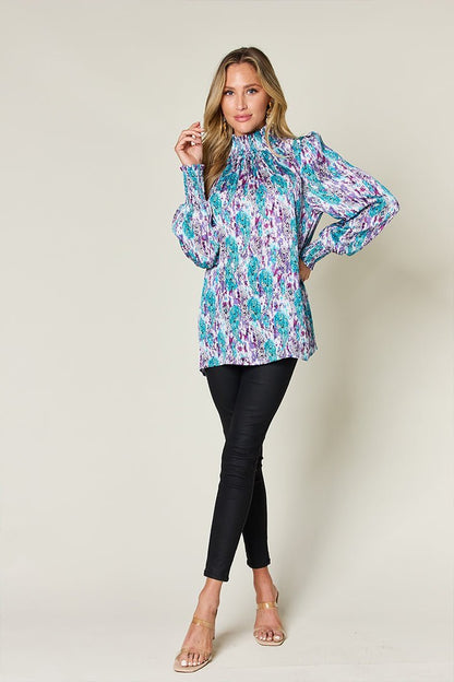 Double Take Full Size Printed Smocked Long Sleeve Blouse - Jaazi Intl