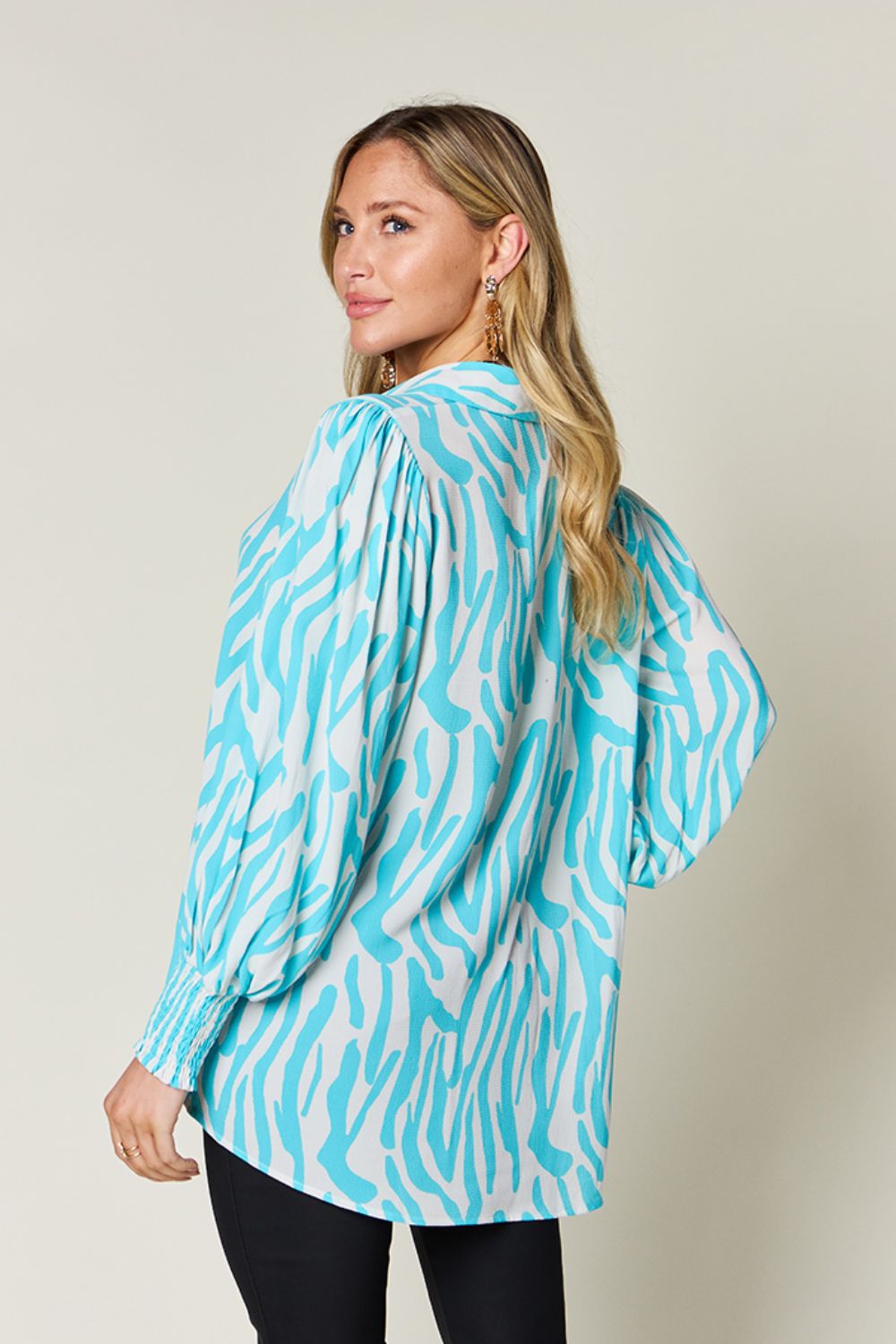 Double Take Full Size Printed Smocked Long Sleeve Blouse - Jaazi Intl