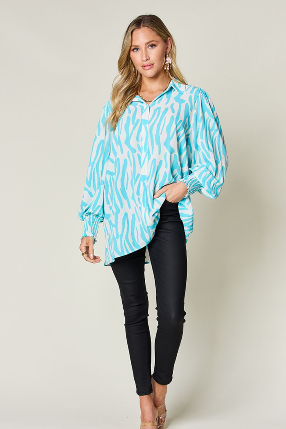 Double Take Full Size Printed Smocked Long Sleeve Blouse - Jaazi Intl