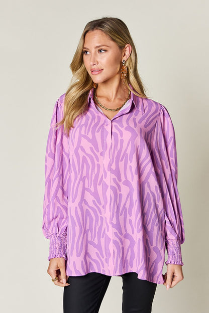 Double Take Full Size Printed Smocked Long Sleeve Blouse - Jaazi Intl