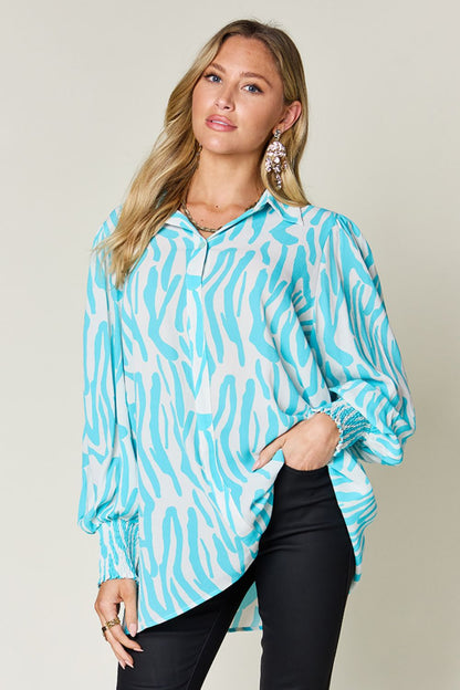 Double Take Full Size Printed Smocked Long Sleeve Blouse - Jaazi Intl