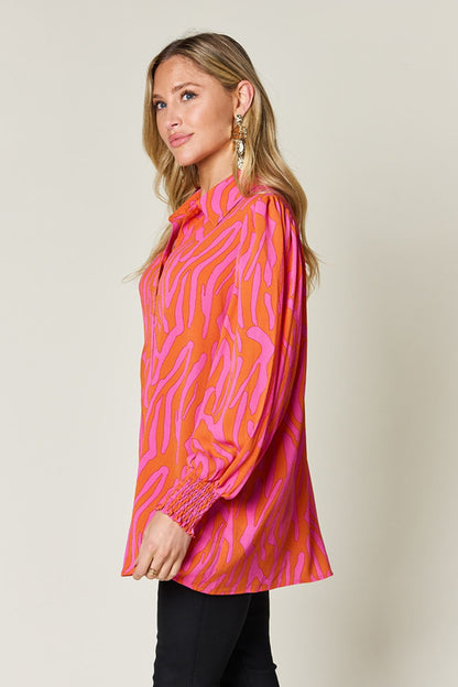 Double Take Full Size Printed Smocked Long Sleeve Blouse - Jaazi Intl