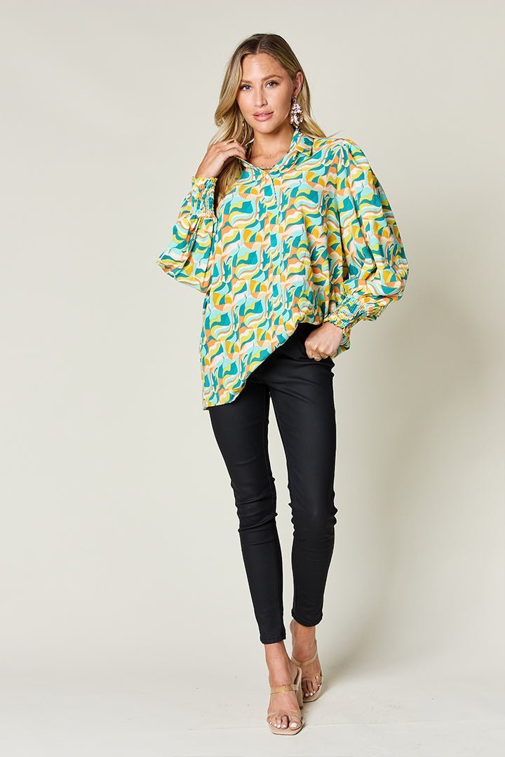 Double Take Full Size Printed Smocked Long Sleeve Blouse - Jaazi Intl