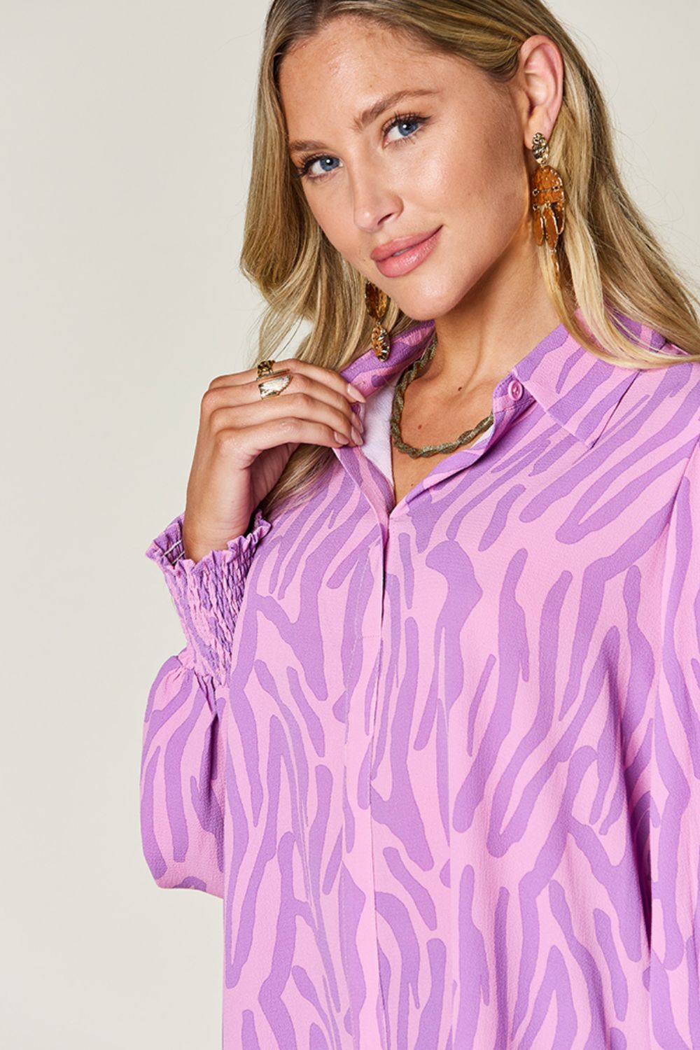 Double Take Full Size Printed Smocked Long Sleeve Blouse - Jaazi Intl