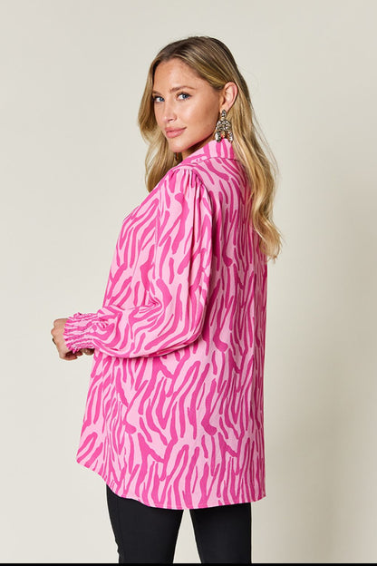 Double Take Full Size Printed Smocked Long Sleeve Blouse - Jaazi Intl