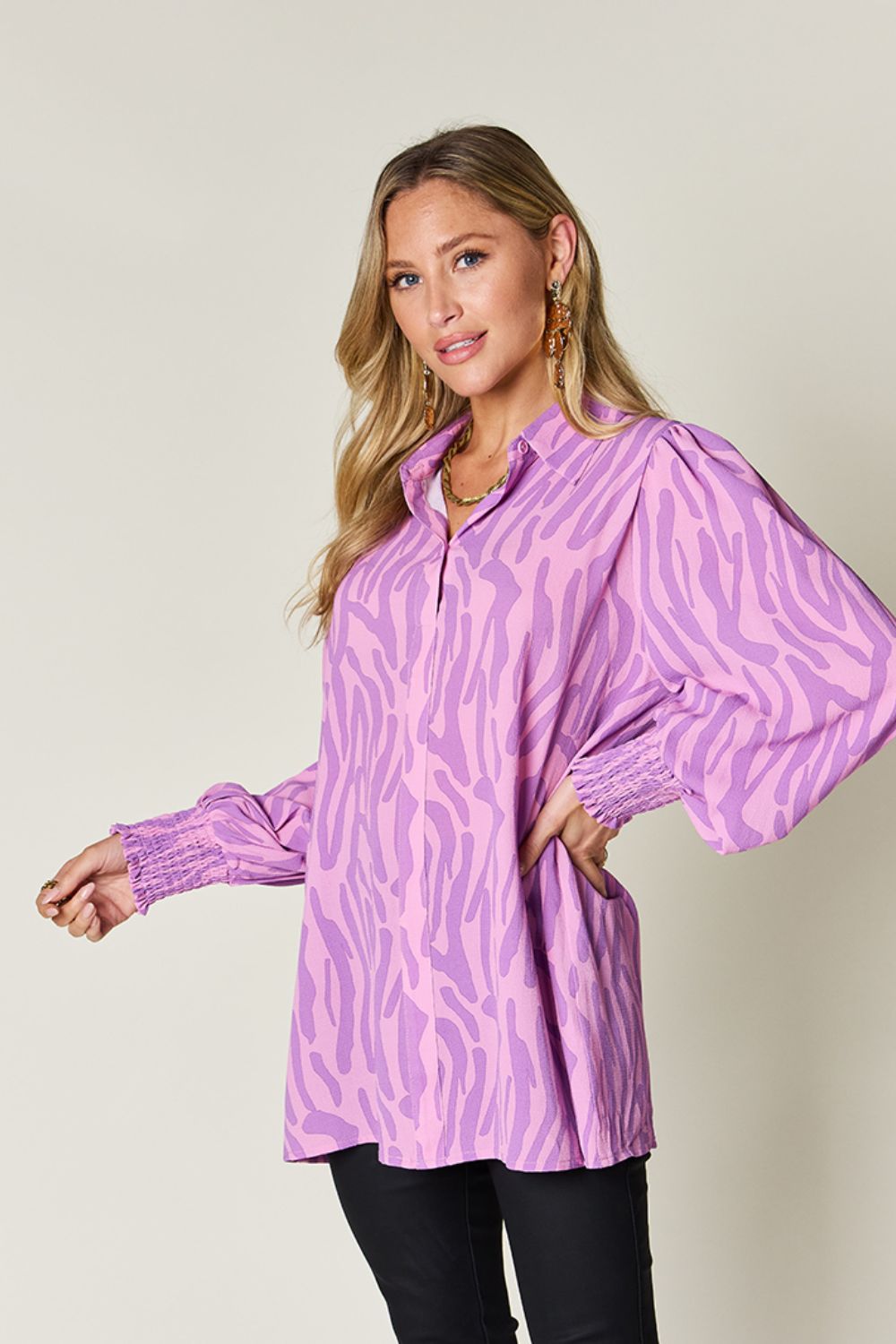 Double Take Full Size Printed Smocked Long Sleeve Blouse - Jaazi Intl