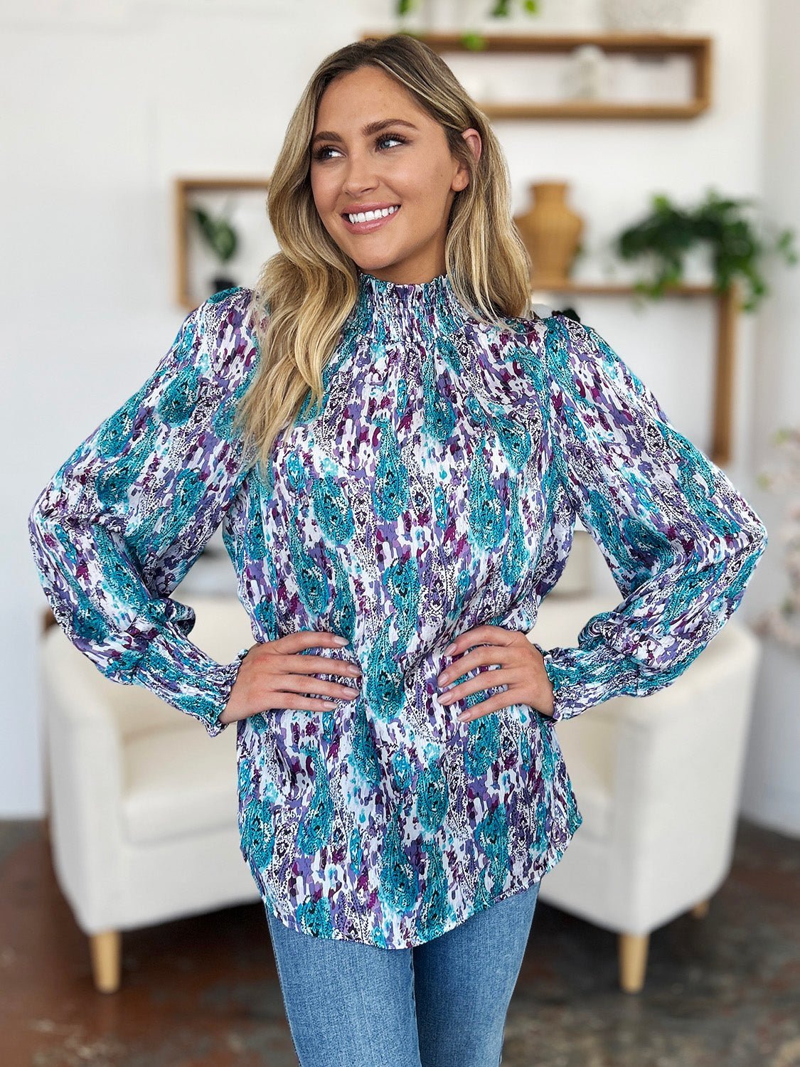 Double Take Full Size Printed Smocked Long Sleeve Blouse - Jaazi Intl