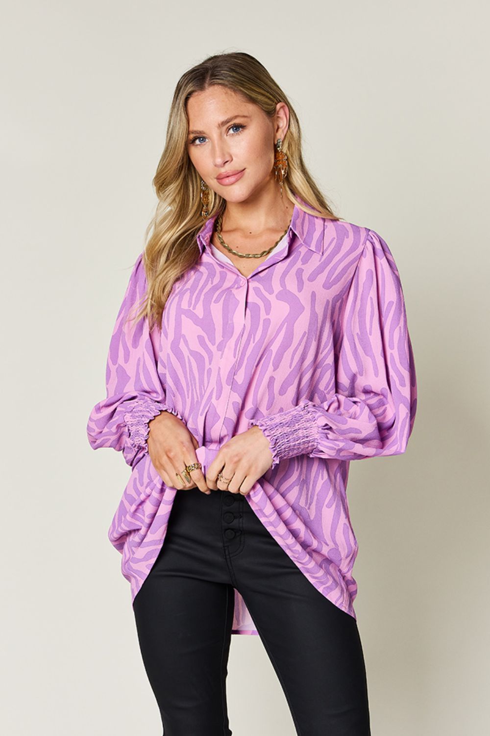 Double Take Full Size Printed Smocked Long Sleeve Blouse - Jaazi Intl