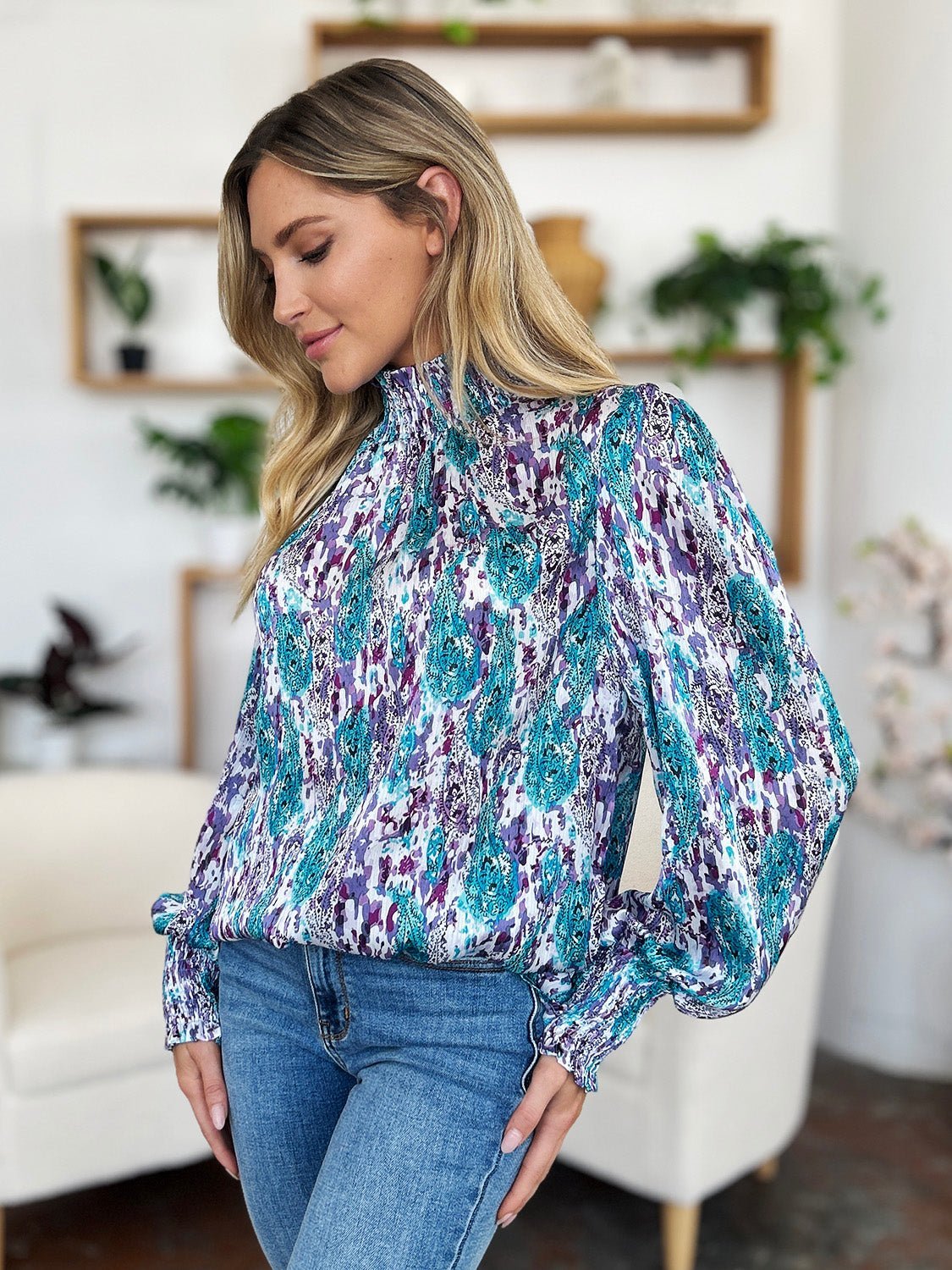 Double Take Full Size Printed Smocked Long Sleeve Blouse - Jaazi Intl