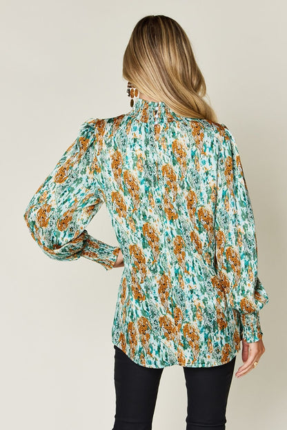 Double Take Full Size Printed Smocked Long Sleeve Blouse - Jaazi Intl