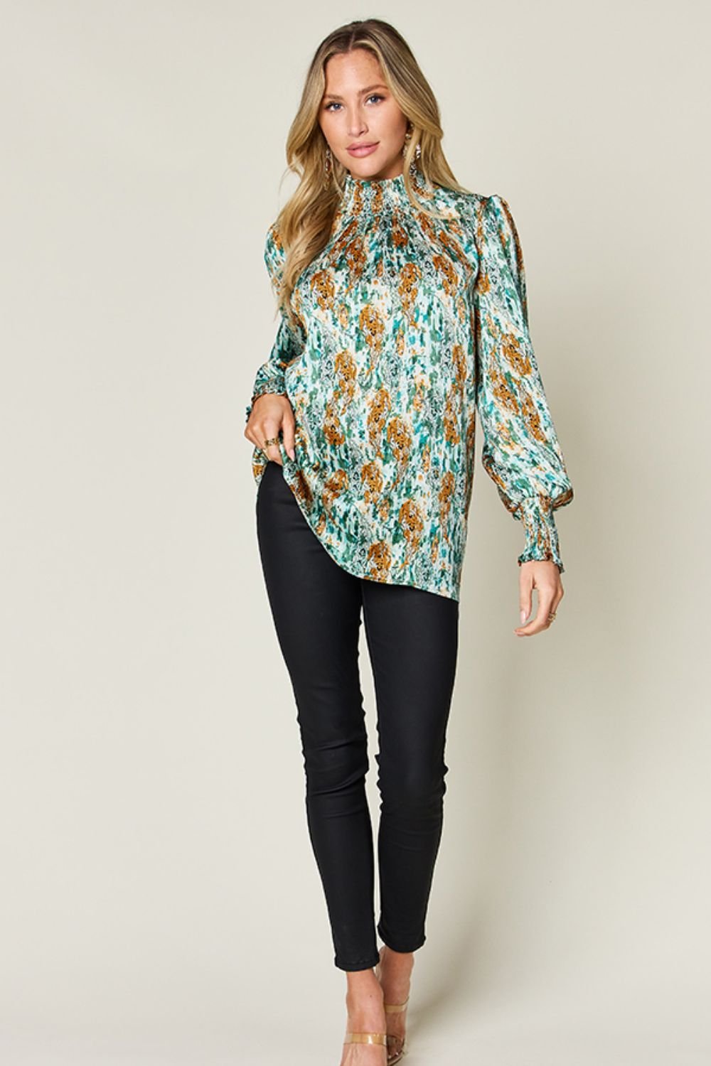 Double Take Full Size Printed Smocked Long Sleeve Blouse - Jaazi Intl