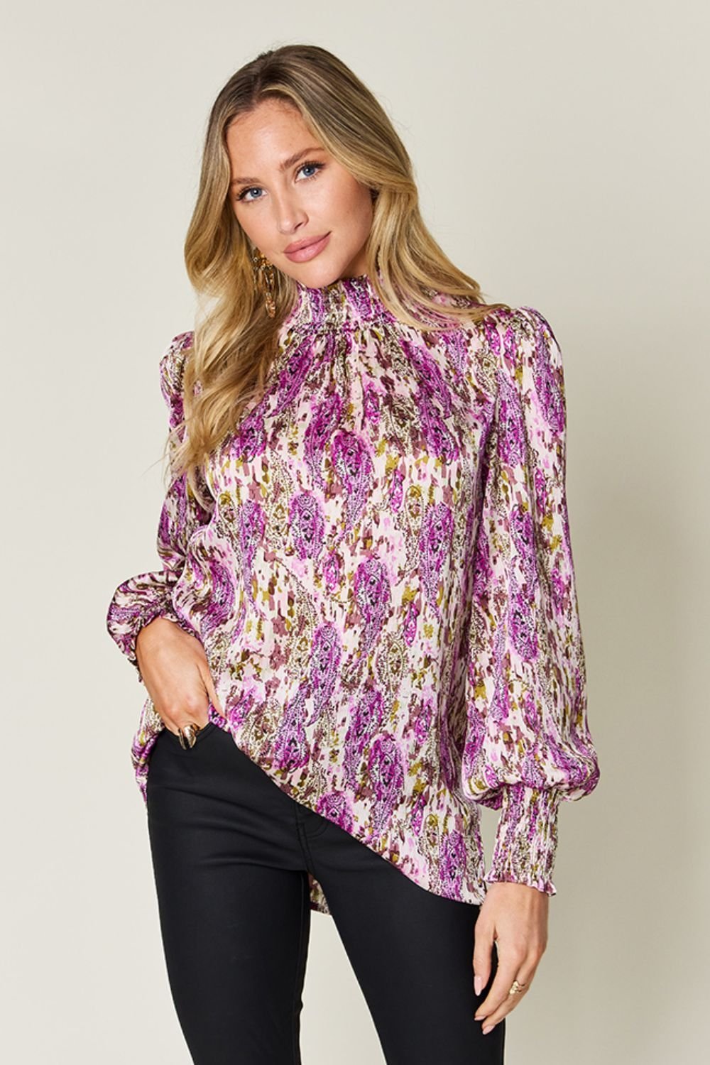 Double Take Full Size Printed Smocked Long Sleeve Blouse - Jaazi Intl