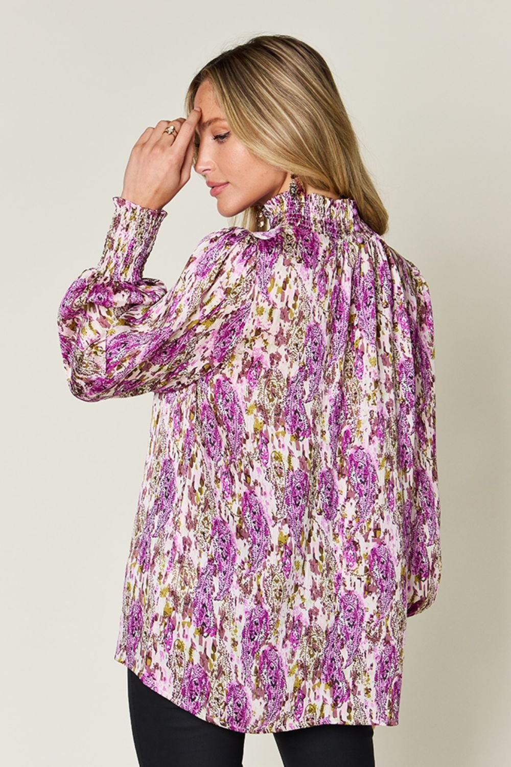 Double Take Full Size Printed Smocked Long Sleeve Blouse - Jaazi Intl