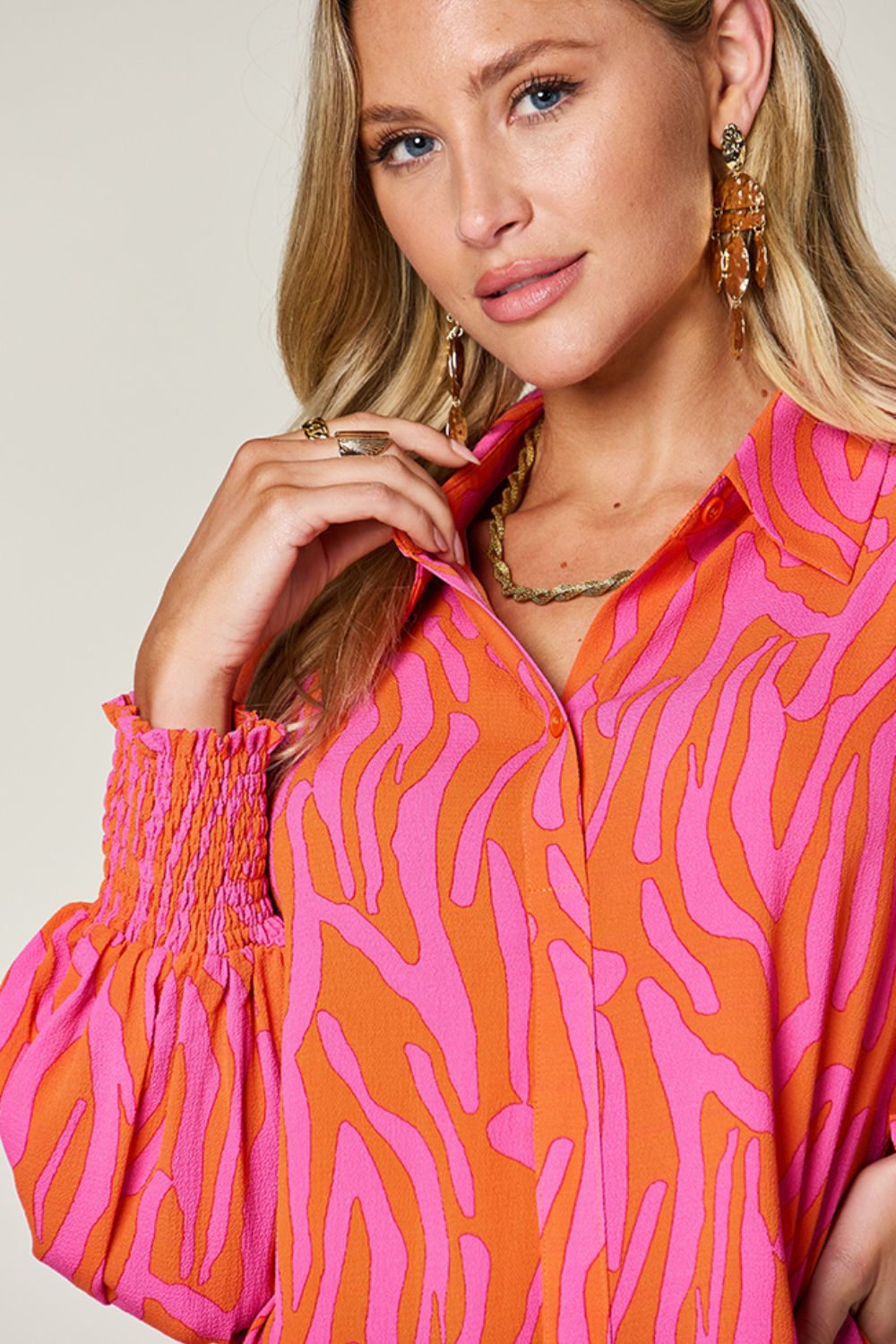 Double Take Full Size Printed Smocked Long Sleeve Blouse - Jaazi Intl