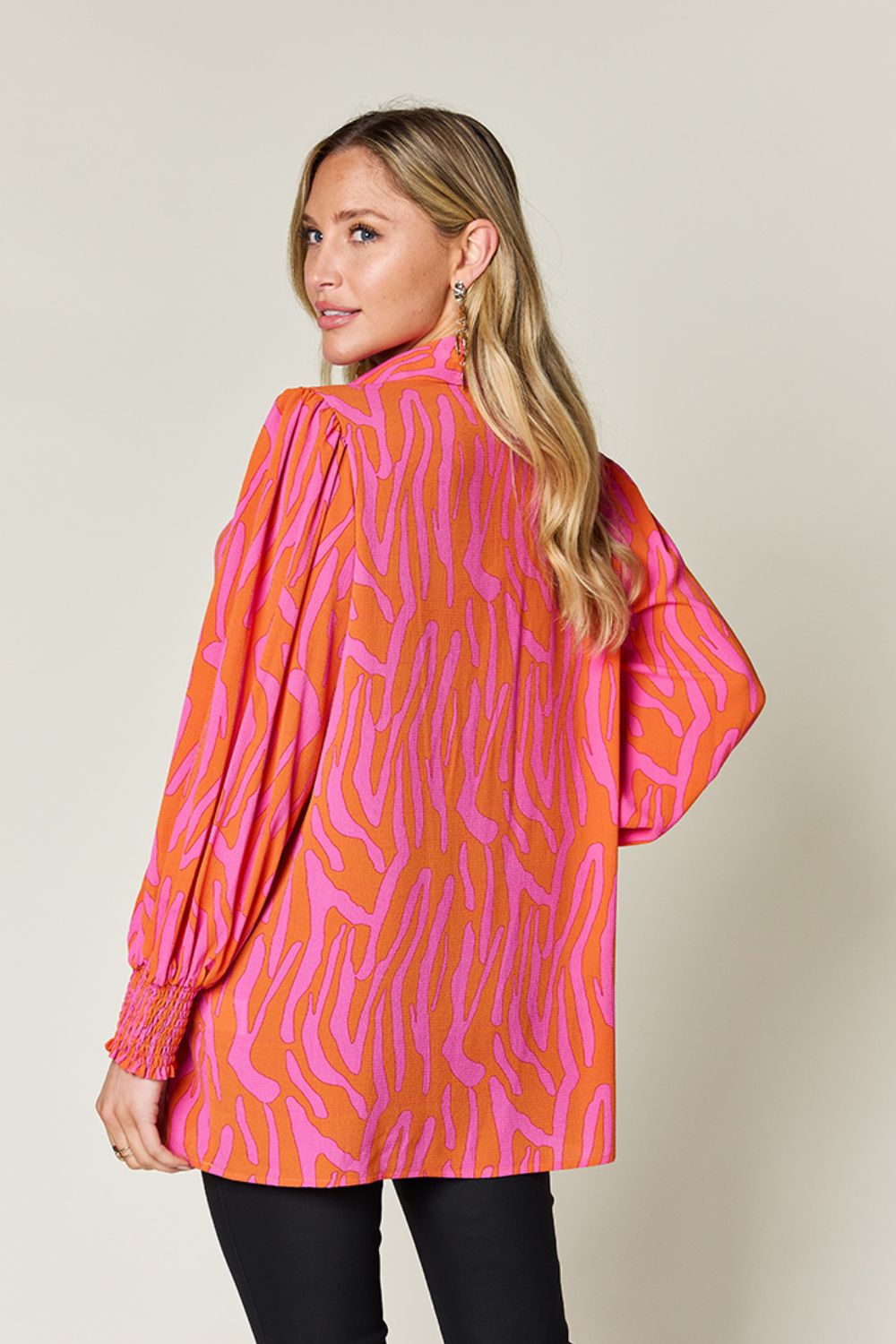 Double Take Full Size Printed Smocked Long Sleeve Blouse - Jaazi Intl