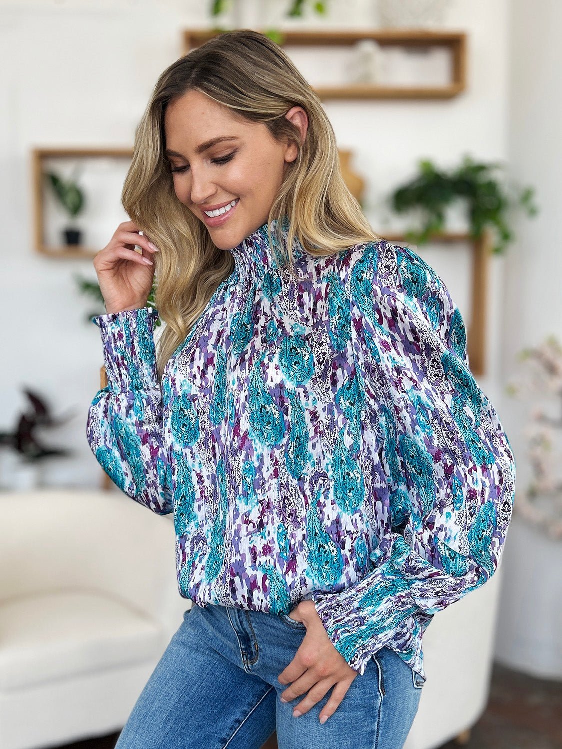 Double Take Full Size Printed Smocked Long Sleeve Blouse - Jaazi Intl