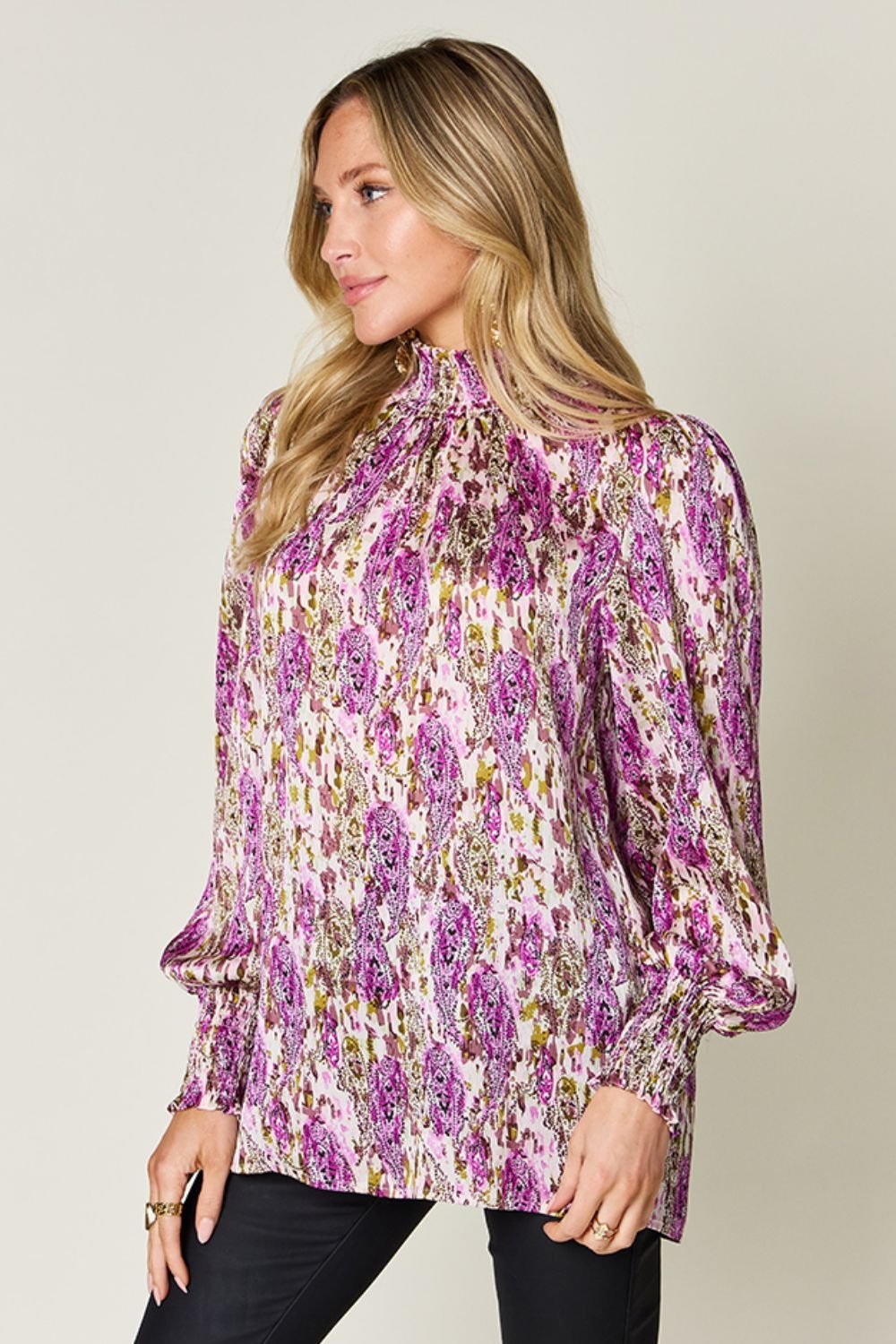 Double Take Full Size Printed Smocked Long Sleeve Blouse - Jaazi Intl