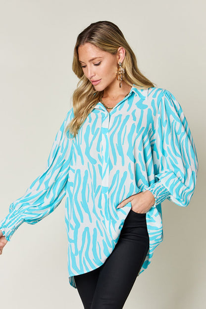 Double Take Full Size Printed Smocked Long Sleeve Blouse - Jaazi Intl