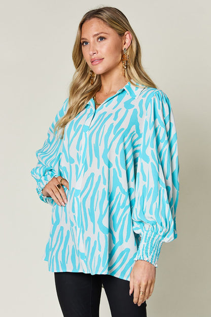 Double Take Full Size Printed Smocked Long Sleeve Blouse - Jaazi Intl