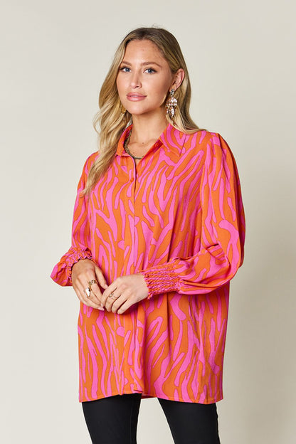 Double Take Full Size Printed Smocked Long Sleeve Blouse - Jaazi Intl