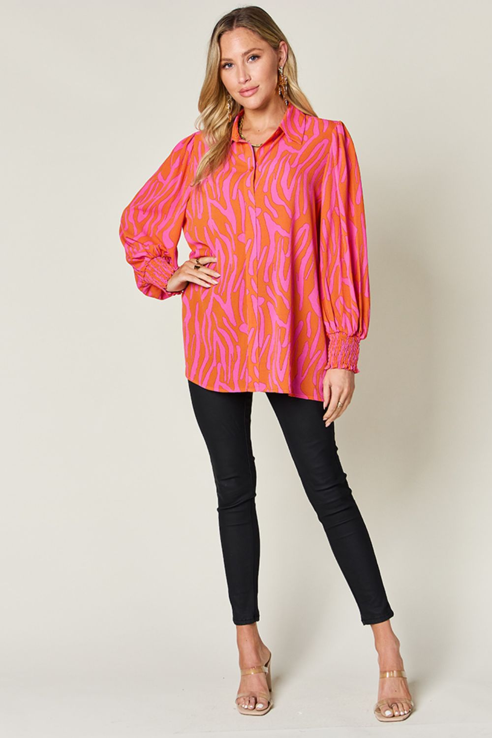 Double Take Full Size Printed Smocked Long Sleeve Blouse - Jaazi Intl