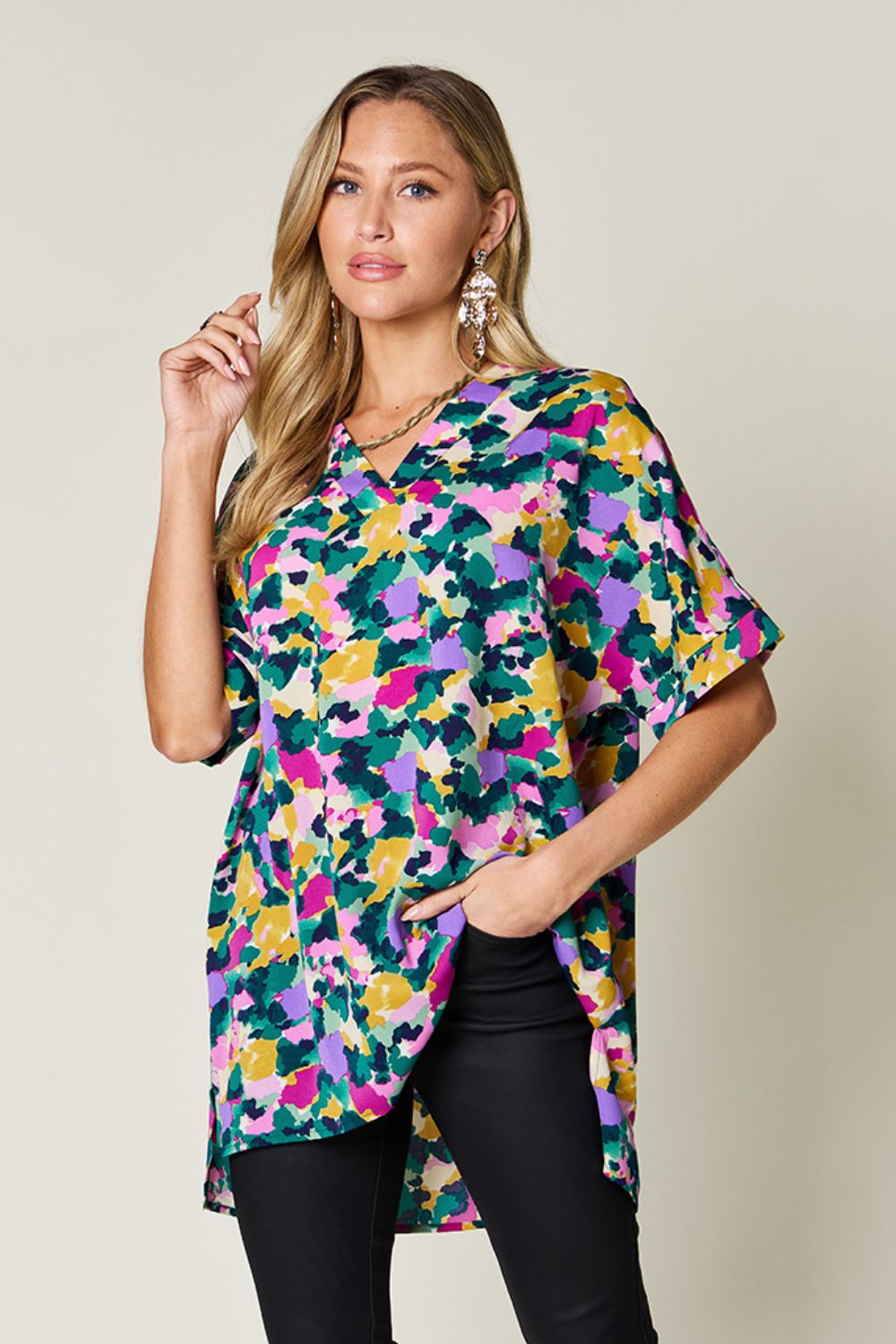 Double Take Full Size Printed V - Neck Short Sleeve Blouse - Jaazi Intl