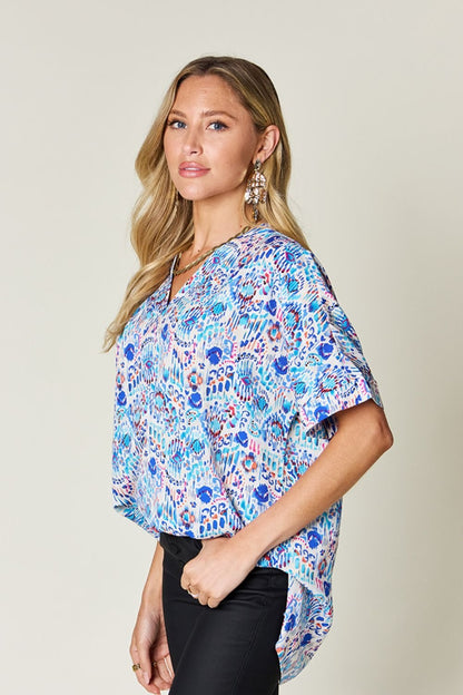 Double Take Full Size Printed V - Neck Short Sleeve Blouse - Jaazi Intl