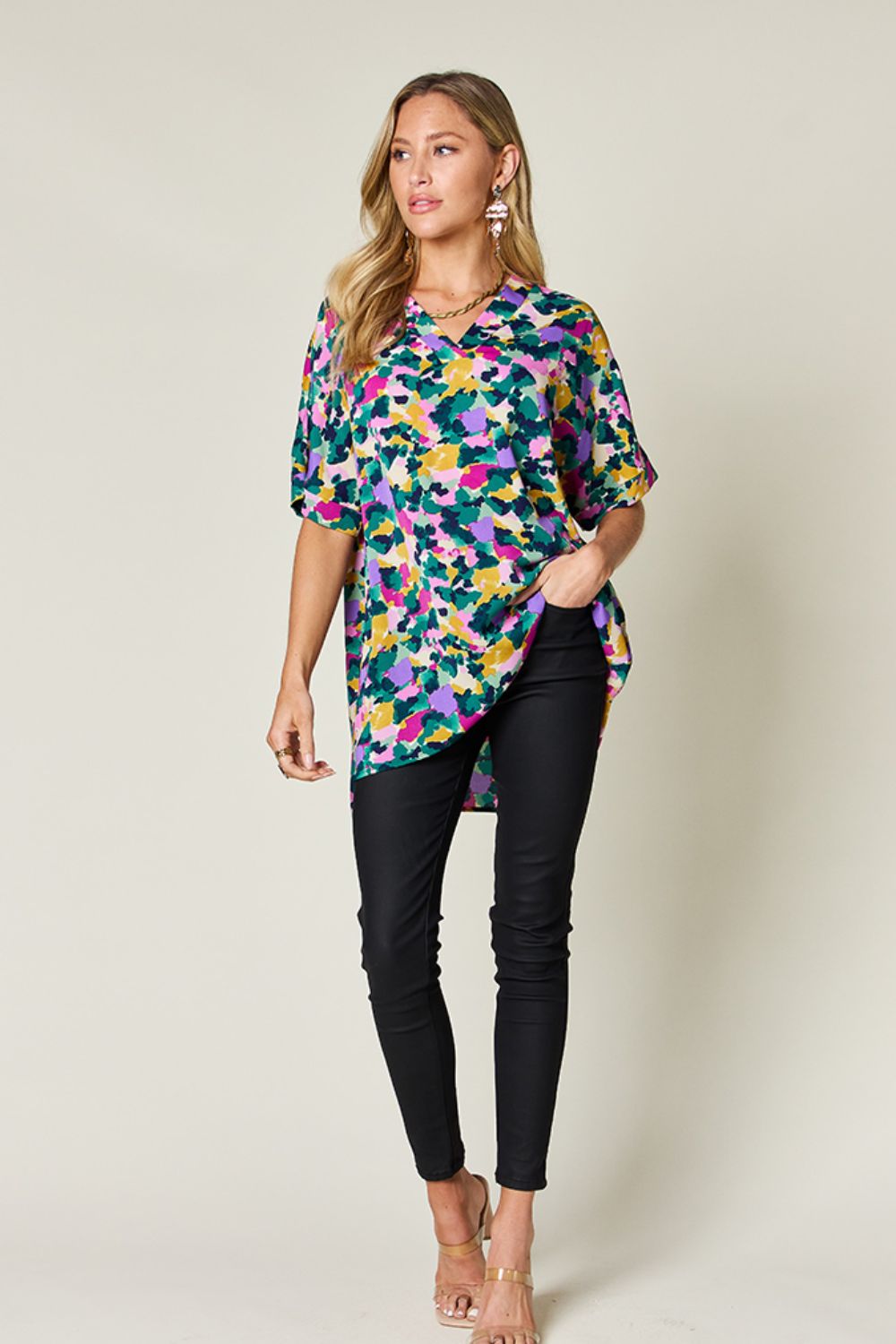 Double Take Full Size Printed V - Neck Short Sleeve Blouse - Jaazi Intl